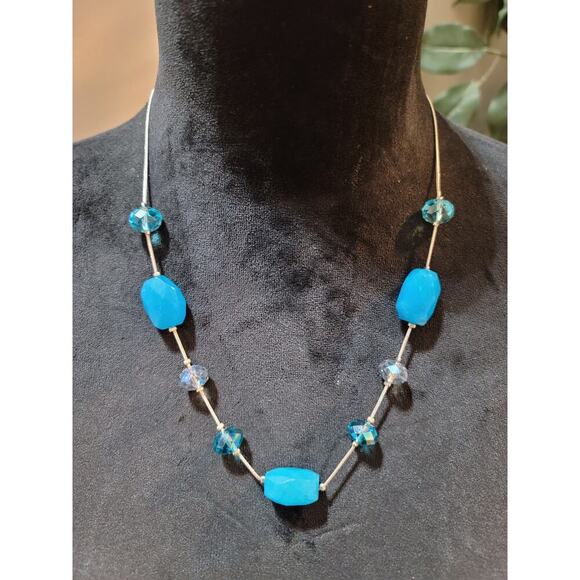Women's Light Blue Gemstone Necklace With Lobster Clasp And Crystal Beads - Picture 2 of 6